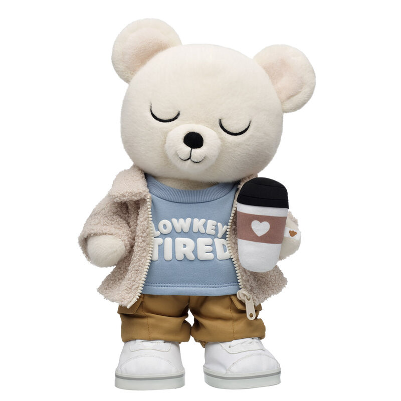 Mellow Moodies Huck Teddy Bear "Lowkey Tired" Gift Set with Jacket & Coffee plush by Build-A-Bear