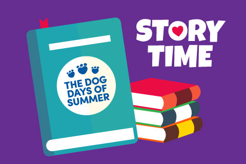 Dog days of Summer book next to illustration of stacked books