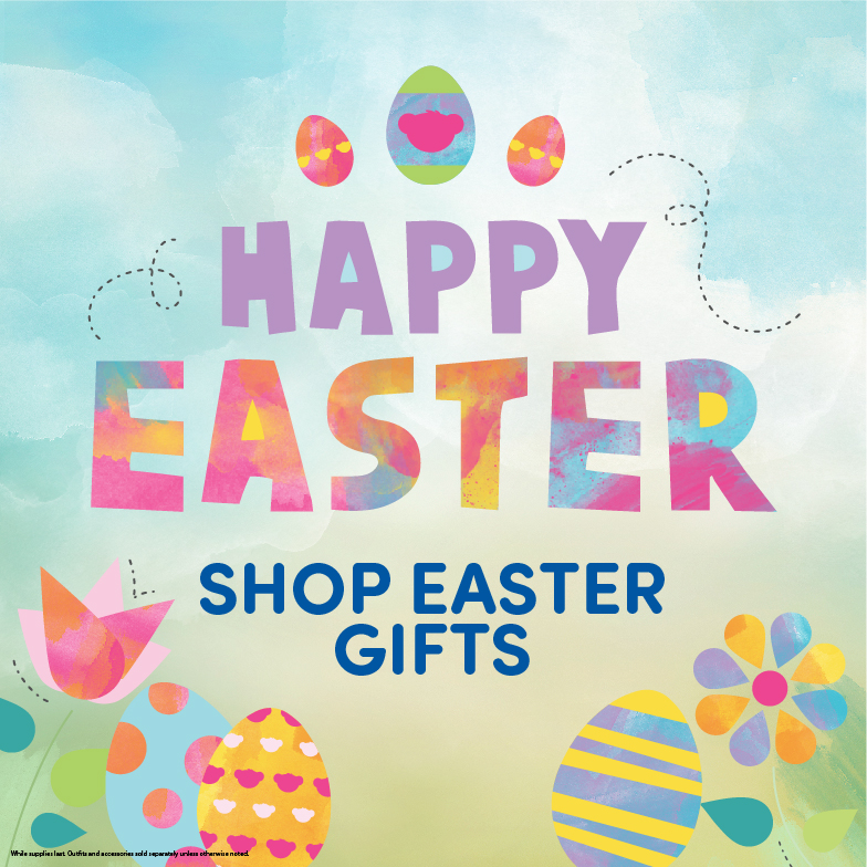 Four plushes in Easter clothes and costumes