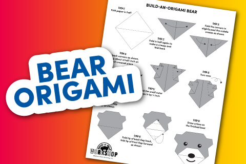 Instructional bear origami activity sheet with illustration
