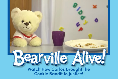 Bearville Alive: Watch how Carlos Brought The Cookie Bandit To Justice - Bear with cookie crumbs on plate